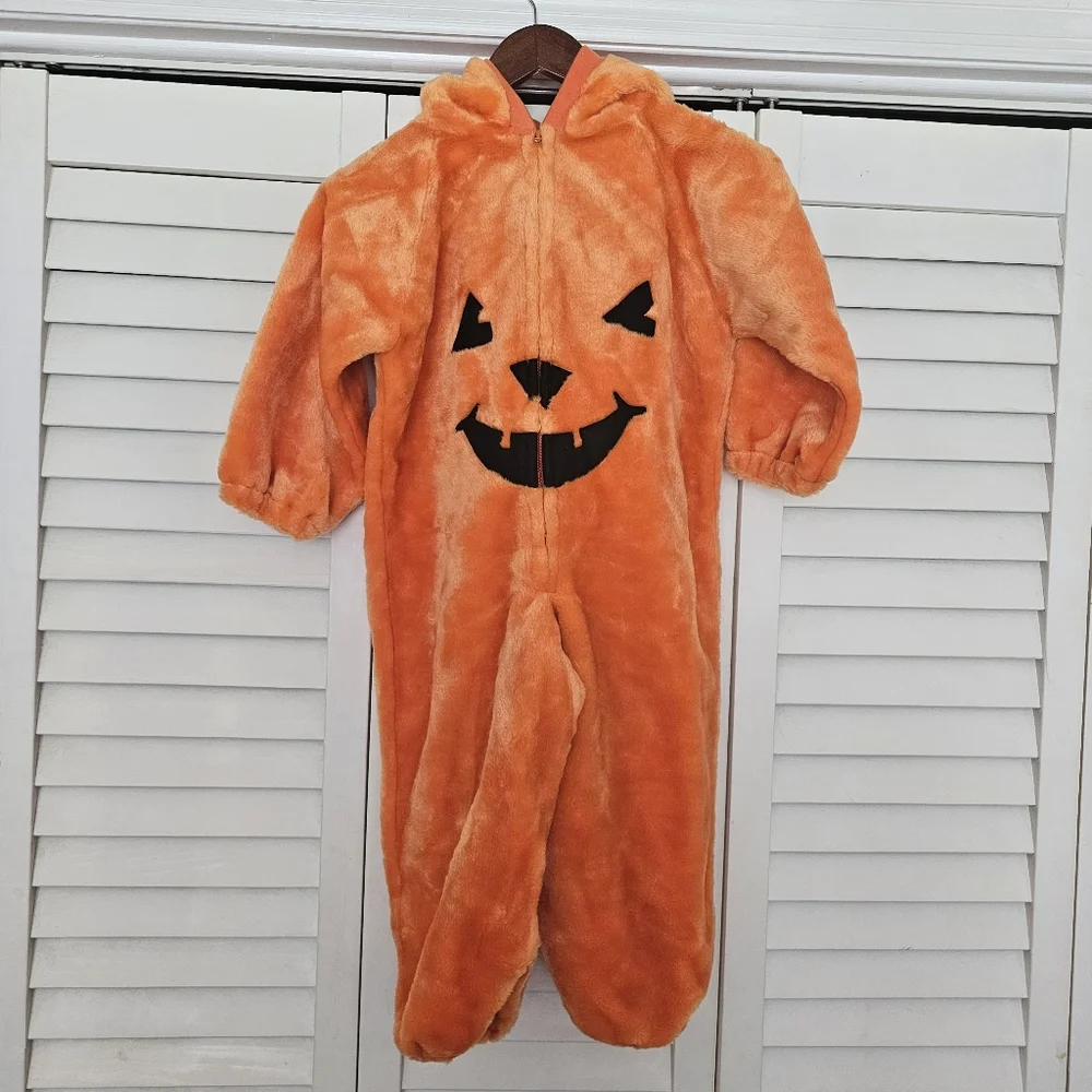 Vintage Chrisha Pumpkin Costume Child Ages 4-6 One Piece Zip Front Orange Plush